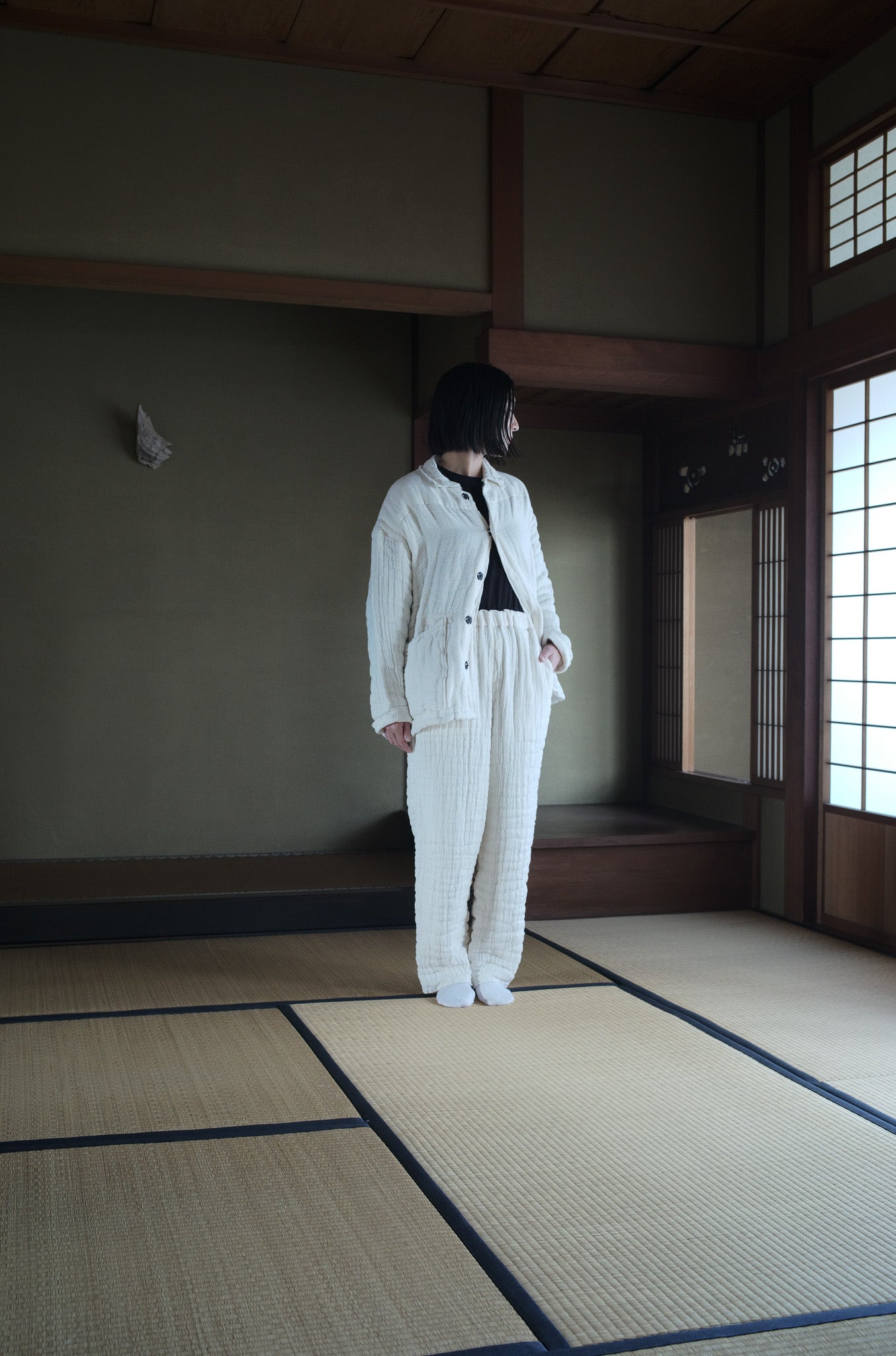 6重ガーゼ イージーパンツ 生成り