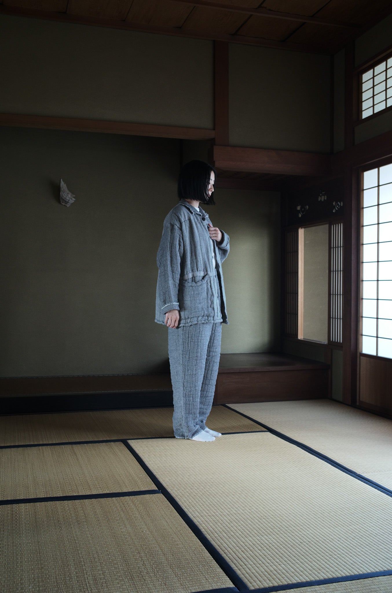 6重ガーゼ イージーパンツ 灰色