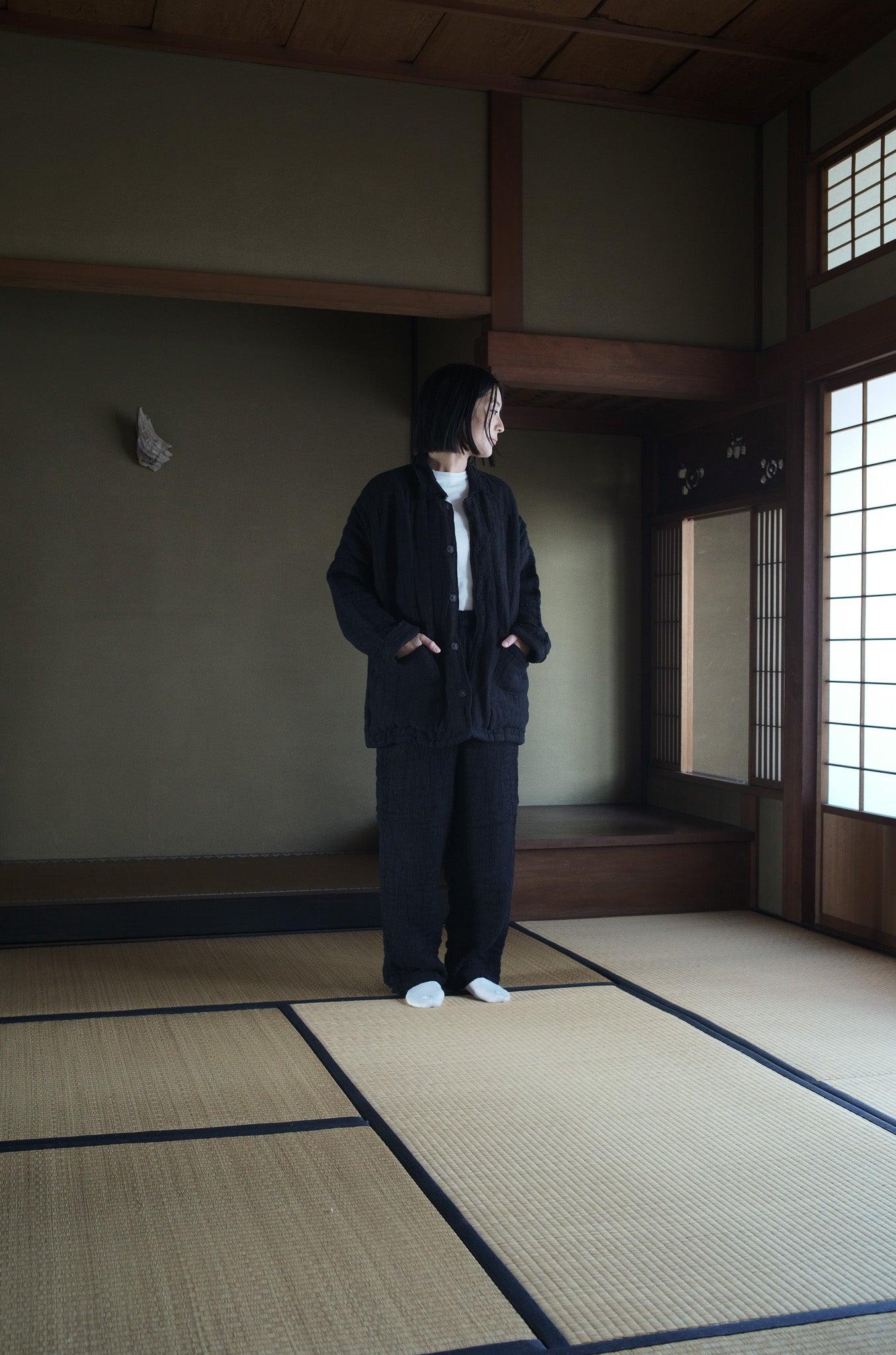 6重ガーゼ イージーパンツ 黒