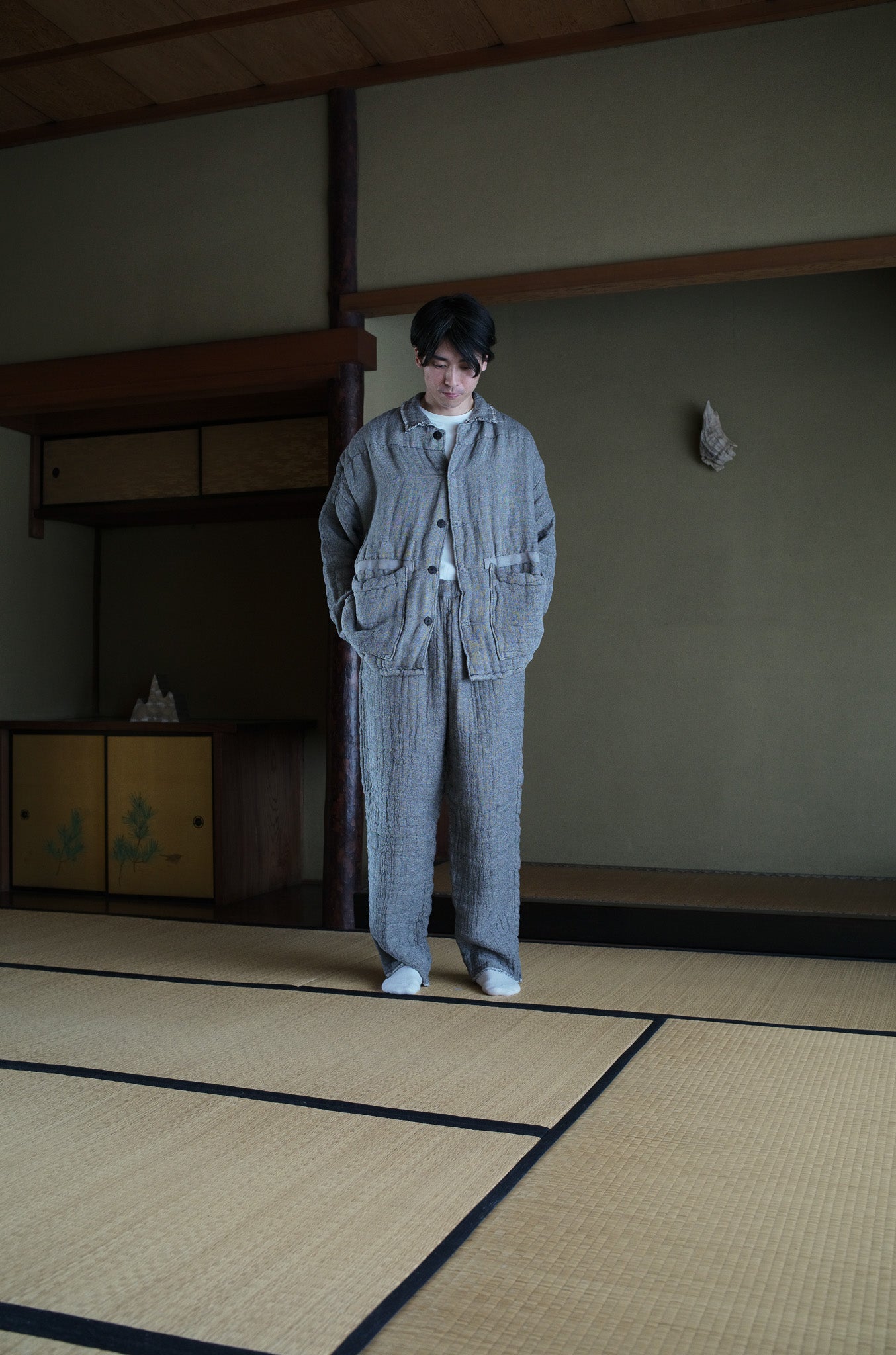 6重ガーゼ イージーパンツ 灰色