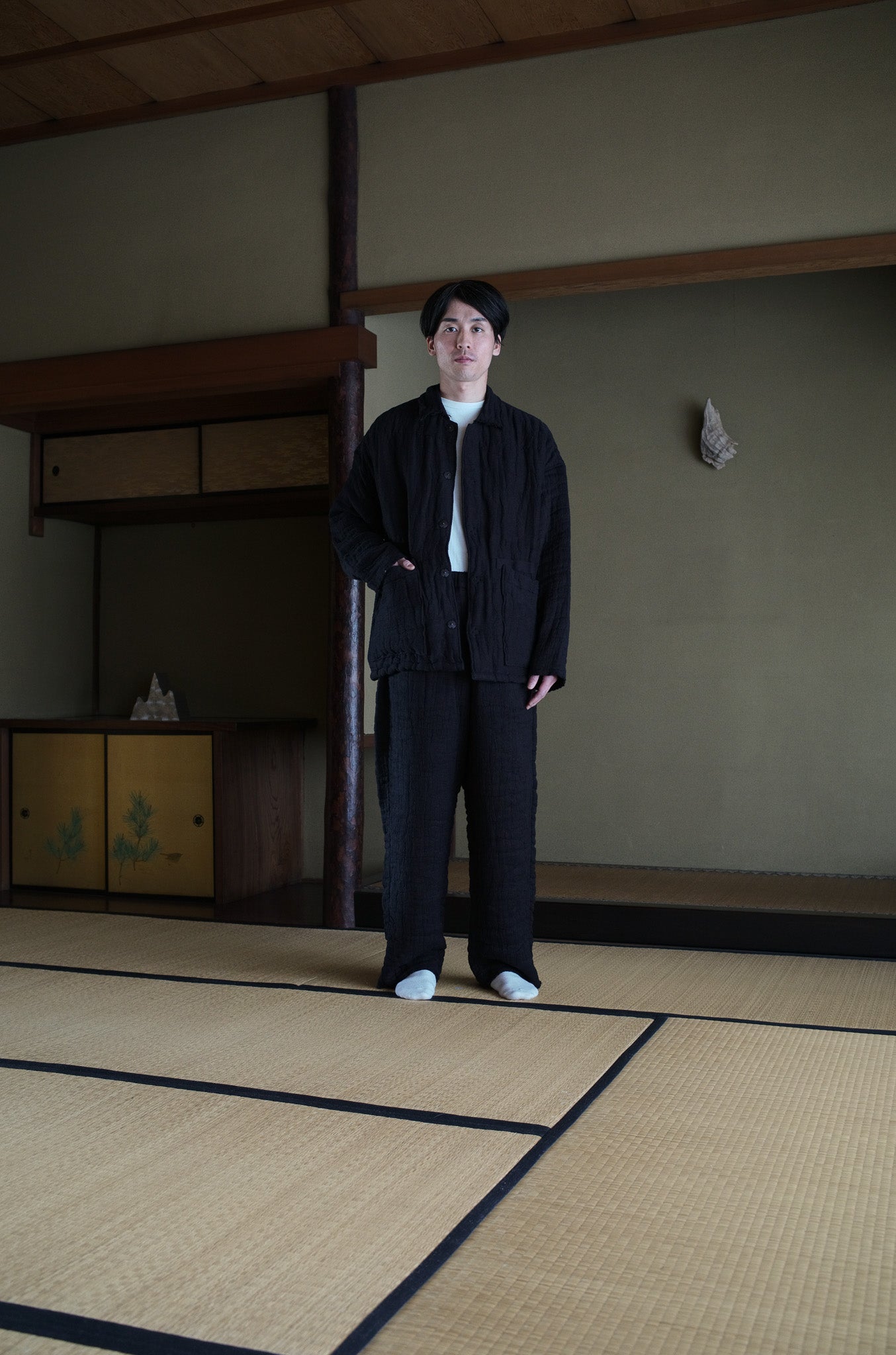 6重ガーゼ イージーパンツ 黒